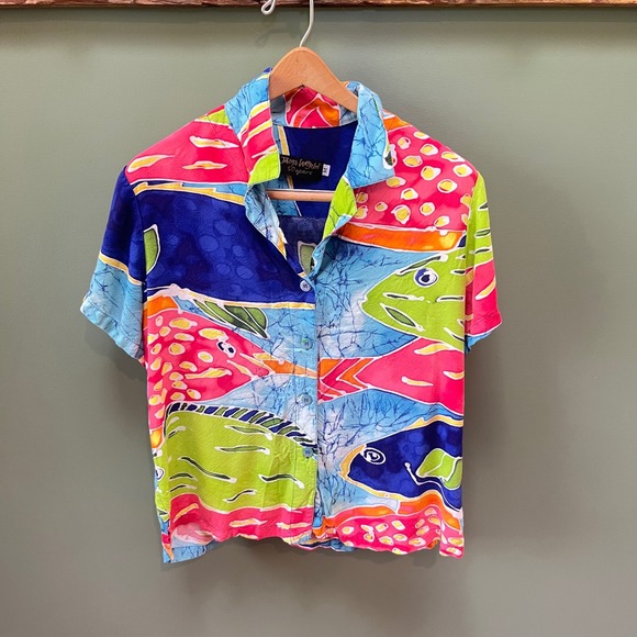 Jams World 50 Years Hawaiian Fish Batik Print Button Up Shirt Women's Size XL